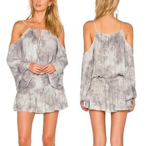 BLUE LIFE Shirred Waist Dress Cold Shoulder Mini in Boho Goddess Oasis Grey XS